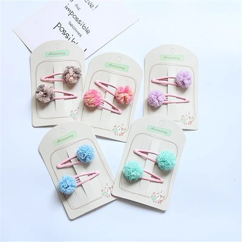 

2pc/set Cute Baby Girls Mini Lace Pompom Snap Hair Clip Set Pink Ball Pompom Hairpin