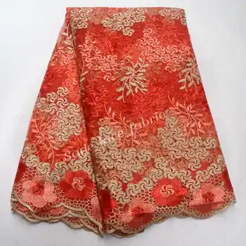 African Lace Fabric 2018 Coral Red Gold Embroidered Nigerian Laces Fabric High Quality French Tulle Lace Fabric for Women QG536