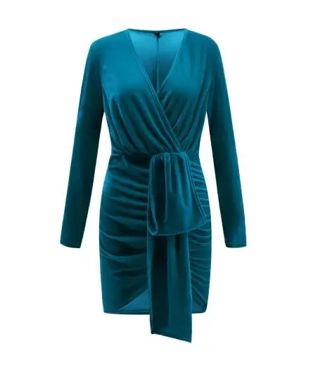 2XL, весенние бархатные новые стильные женские платья, глубокий v-образный вырез, крестообразные бандажные вечерние платья с длинным рукавом, Сексуальные облегающие нестандартные мини-платья - Цвет: Синий
