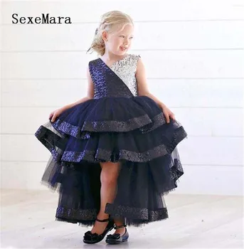 

Sparkly Silver and Deep Blue Sequins Girl Dress Tired Tulle Toddler Baby Girls Birthday Party Evening Gown with Bow Custom Made