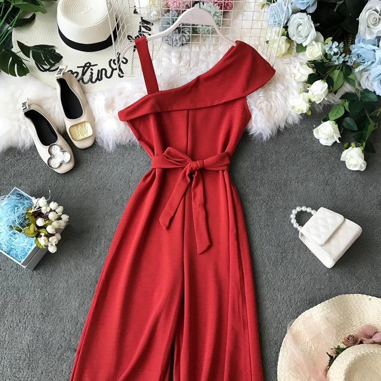Красный ALPHALMODA Женские однотонные Комбинезоны на одно плечо с высокой талией и поясом, женские летние модные повседневные Комбинезоны ярких цветов без рукавов - Цвет: Красный
