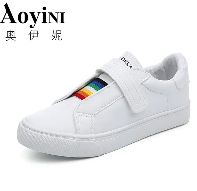 

White Shoes Sneakers Woman Autumn 2018 New Rainbow Female Lazy Shoes Hook Loop Flats Student Daily Wear Sneakes Quality