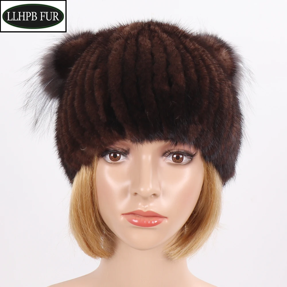 

2019 New Russian Women Knitted Genuine Fur Hats Ladies Winter Warm Real Mink Fur Hat Luxury Lovely Girl Natural Mink Fox Fur Cap