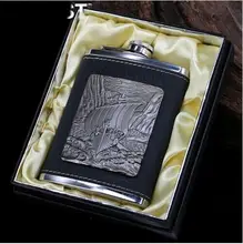 8oz mini portable #304 stainless steel hip flask wine pot flagon embossed sailing boat vessel leather cover outdoor men BJJ332