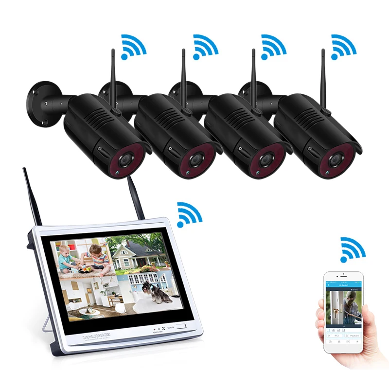 Черный 1" lcd NVR 4CH система видеонаблюдения беспроводная 1080P камера безопасности Система 1080P ИК Открытый P2P Wifi IP камера комплект наблюдения - Цвет: Черный