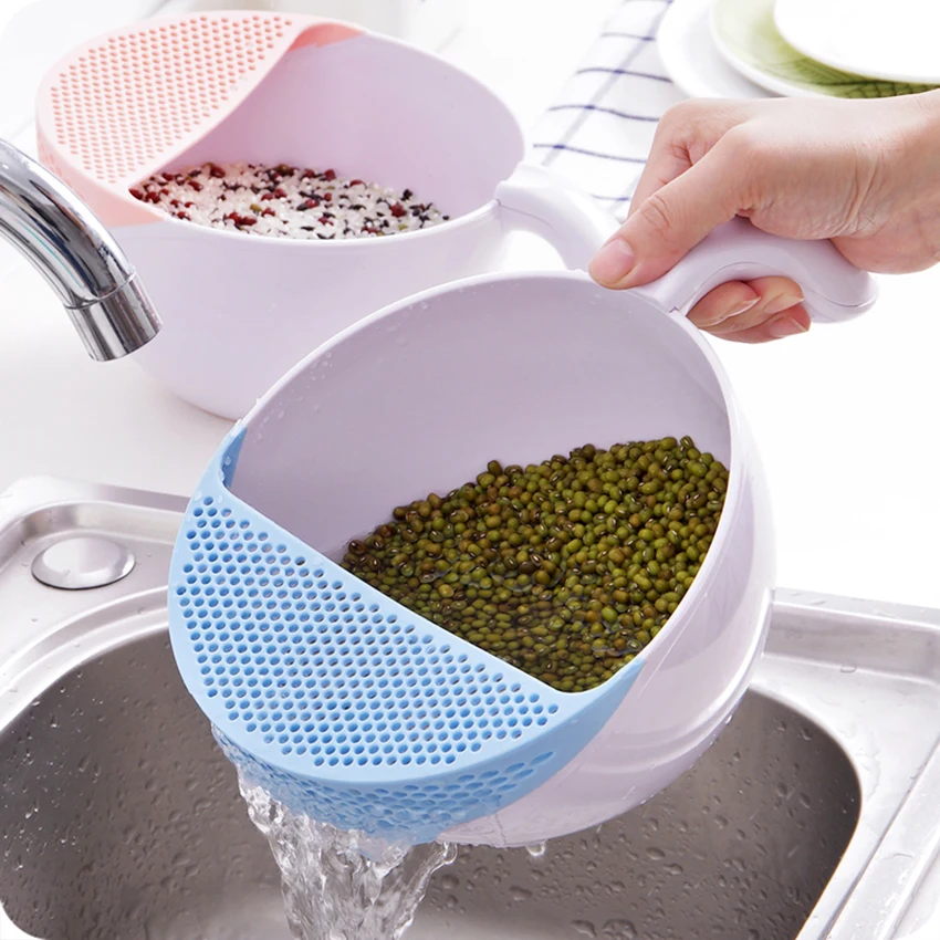 

1PC Creative Handle For Wash Rice Sieve Bright Kitchen Plastic Drain Vegatable Basket Kitchen Rinse Rice Basket Strainer Gadget