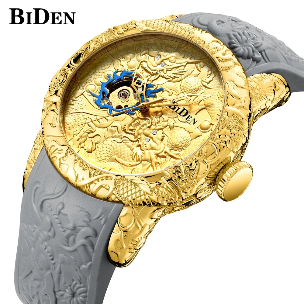 

BIDEN Golden Open Work Clock Male Silicone Band Design Men's Mechanical Automatic Wrist Watches Top Brand Luxury Montre Homme