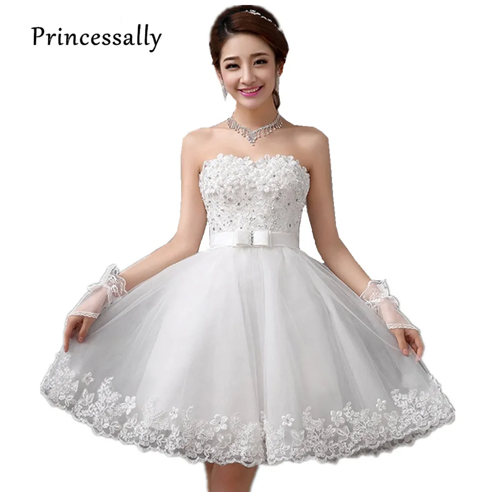 

Strapless Short Wedding Dress White With Flowers Beading Sweetheart Puff Skirt Fashionable Wedding Party Gown Cheap Under 100