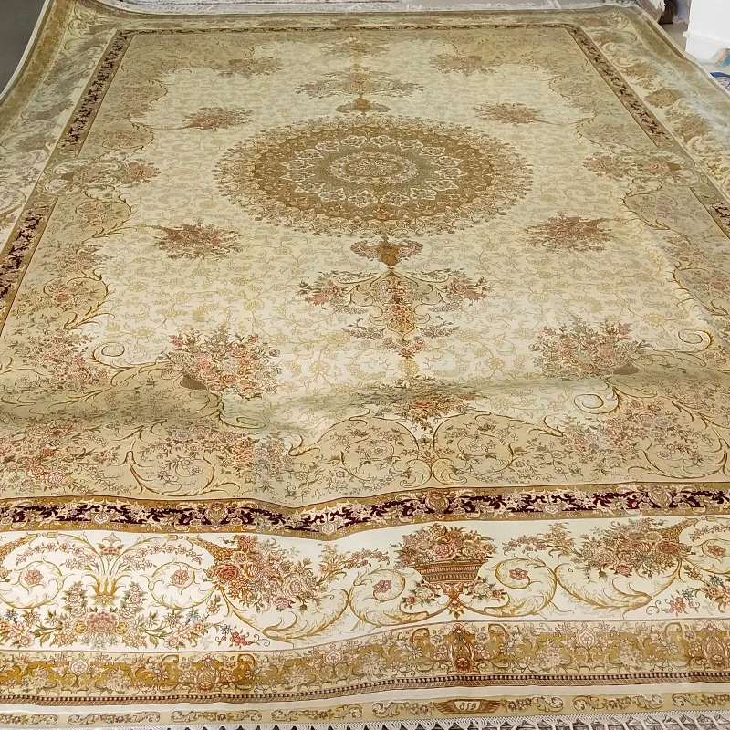 FangCun 12'x18' бледно-желтый персидский классический медаль ручной работы шелковый ковер использовать для выставочного зала или гостиной