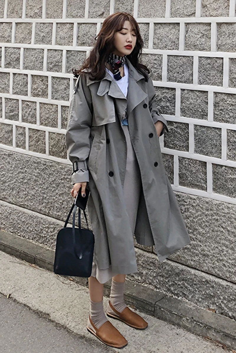 Gray 2018 down De Double Turn Imperméable Femmes Longues Breasted Survêtement Manches Tranchée Col Lâche Nouveau Solide C87907ld Casual w8dATq