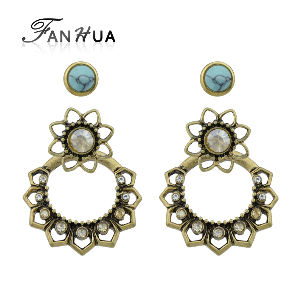 FANHUA Ethnic Boho Earrings Ear Jacket Antique Gold Color with Rhinestone and Blue Stone Flower Stud For Women | Украшения и