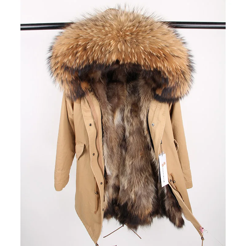 Maomaokong куртка из натурального Лисьего меха, пальто для женщин, зимнее пальто из лисьего меха, парка с натуральным мехом, длинная парка - Цвет: Бежевый