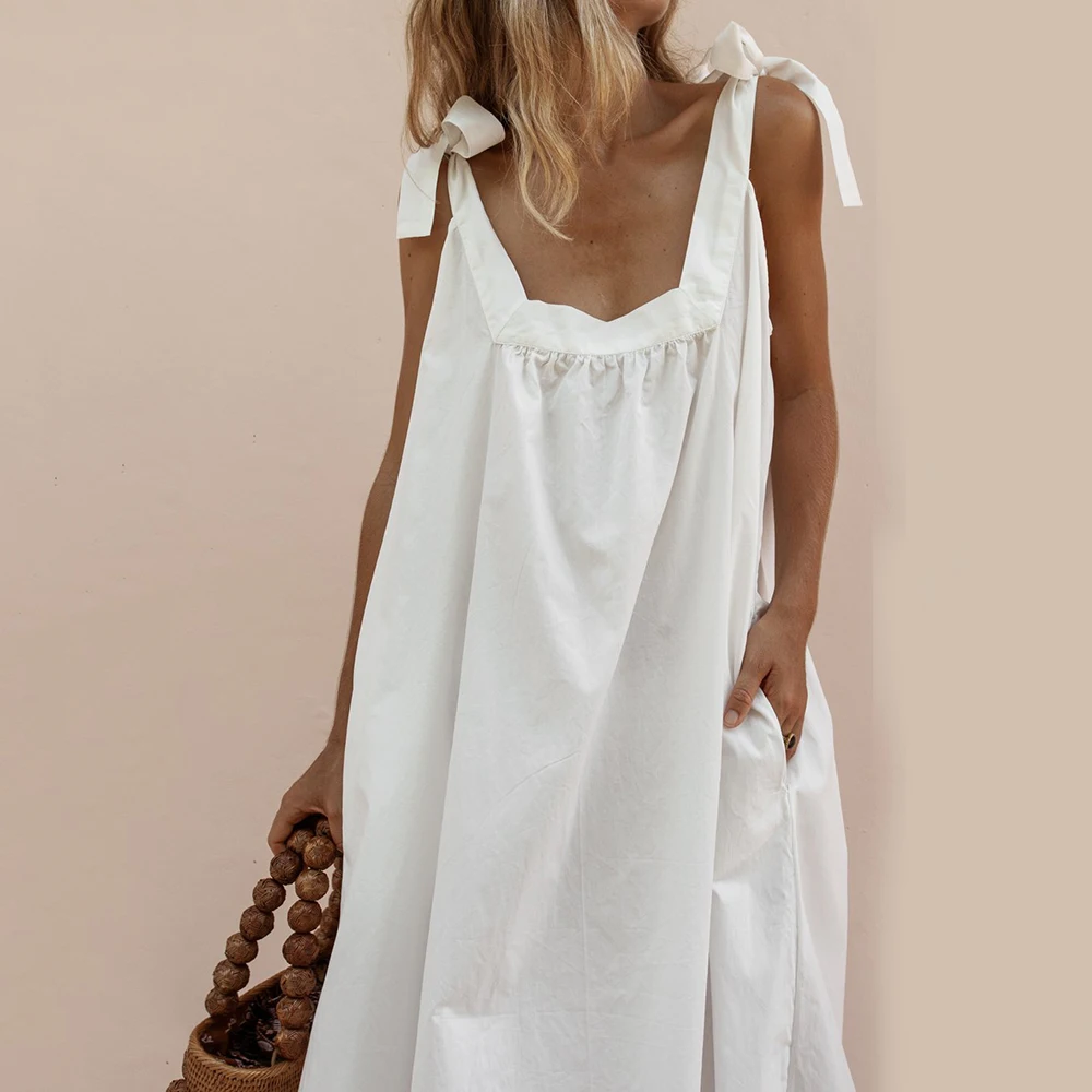 

Women Dress Sleeveless O Neck Bow Bandage Strap Backless Solid Boho Summer Maxi Dress Streetwear Women Beach Dress vestidos D30