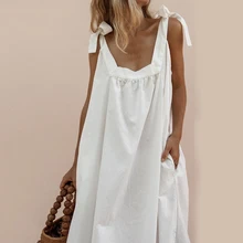 Women Dress Sleeveless O Neck Bow Bandage Strap Backless Solid Boho Summer Maxi Dress Streetwear Women Beach Dress vestidos D30 solid color sleeveless bow knot maxi dress