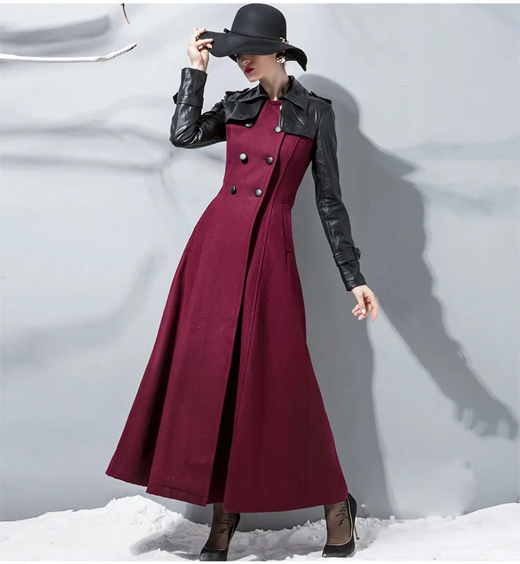 

2019 new long womens winter coats PU stitching wool coat