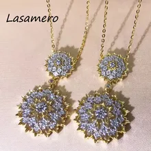 Lasamero венчик 0,179 CTW круглый вырез центр выложенный из бриллиантов набор 18 К желтого золота натуральный алмаз кулон ожерелье