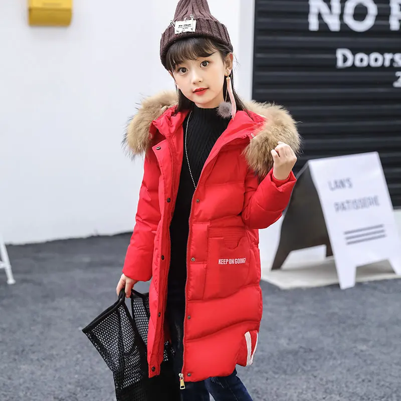 Куртки для девочек г. Новая детская зимняя одежда пальто для девочек Теплые Длинные пуховые пальто с меховым воротником и капюшоном для подростков, Детская верхняя одежда - Цвет: Red