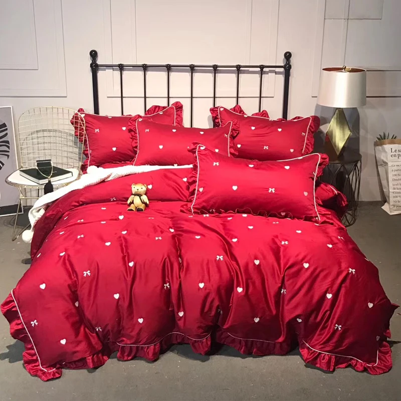 New Lovely Red Heart Egyptian Cotton Embroidery Luxury Royal Bedding Set King Queen Bed Sheet set Duvet cover Pillowcase 4/6pcs | Дом и сад