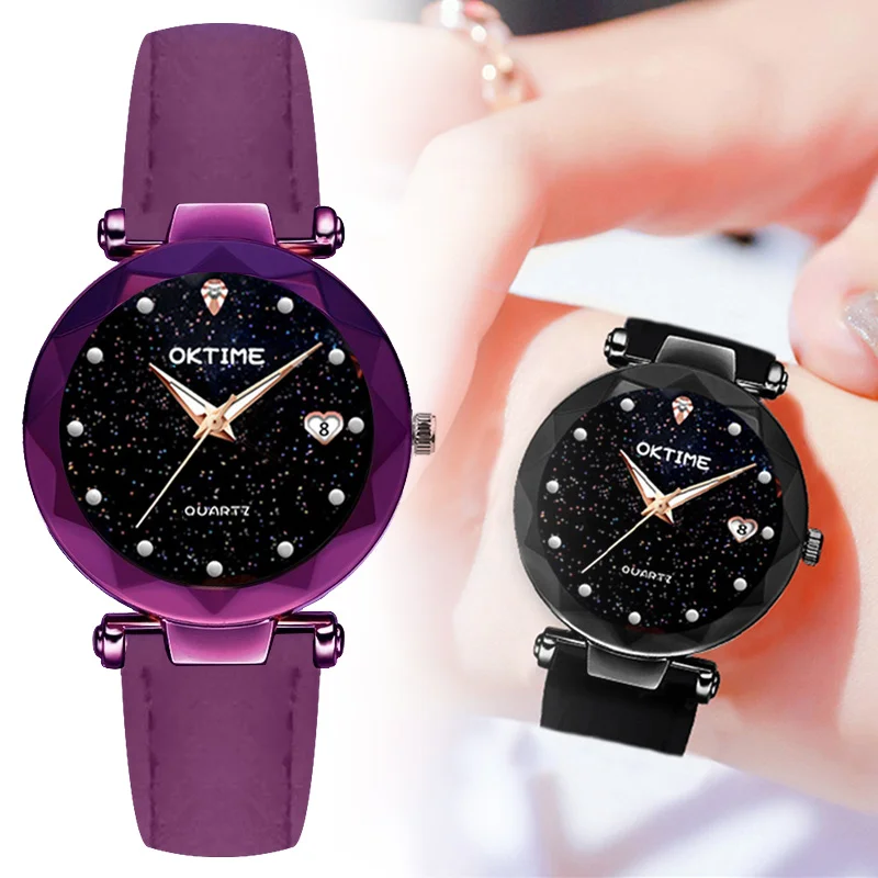 Nice Women Quartz Watch Diamond Inlay Starry Dial Wrist Watch with Perforated Strap for Business