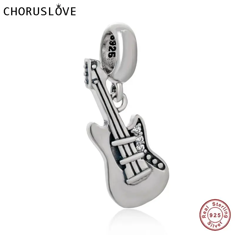 

Choruslove New 925 Sterling Silver I Love Music Dangle Guitar Charm Bead fits Pandora Bracelets for Birthday Gift CWS0221