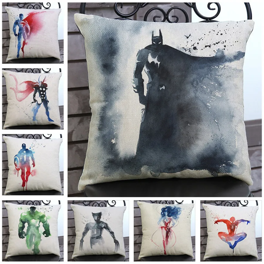 

Watercolor Painting Decorative Cartoon Super Heros Cushion Throw Pillows Mosaics The Avengers Batman Pillowcase 45*45cm