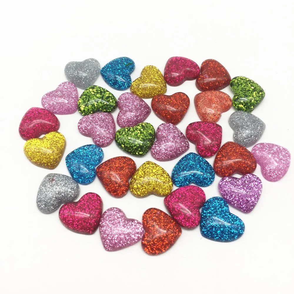 

50pcs 16X14mm Mixed Resin Glitter Heart Flatbacks Cabochons Embellishments For Cardmaking DIY Wedding Christmas Sparkle Crafts