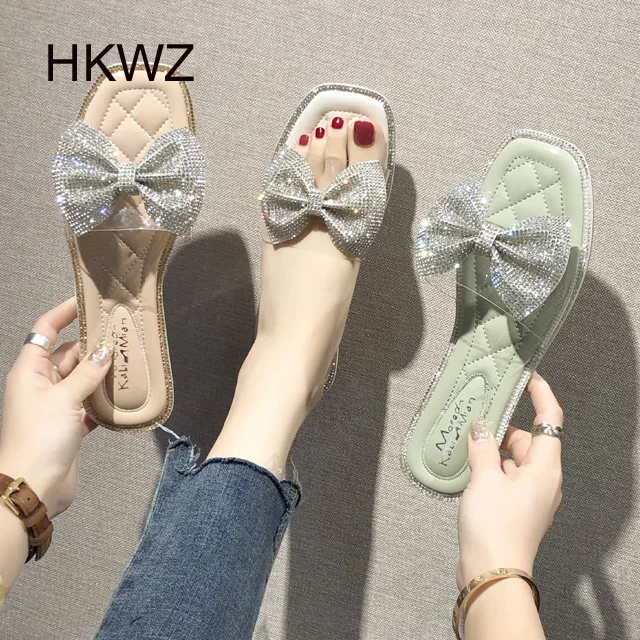 

Women's Slippers 2019 Summer New Rhinestone Bow Soft bottom One-legged Beach Sandals Joker Flat Comfort Casual Sandals Women's