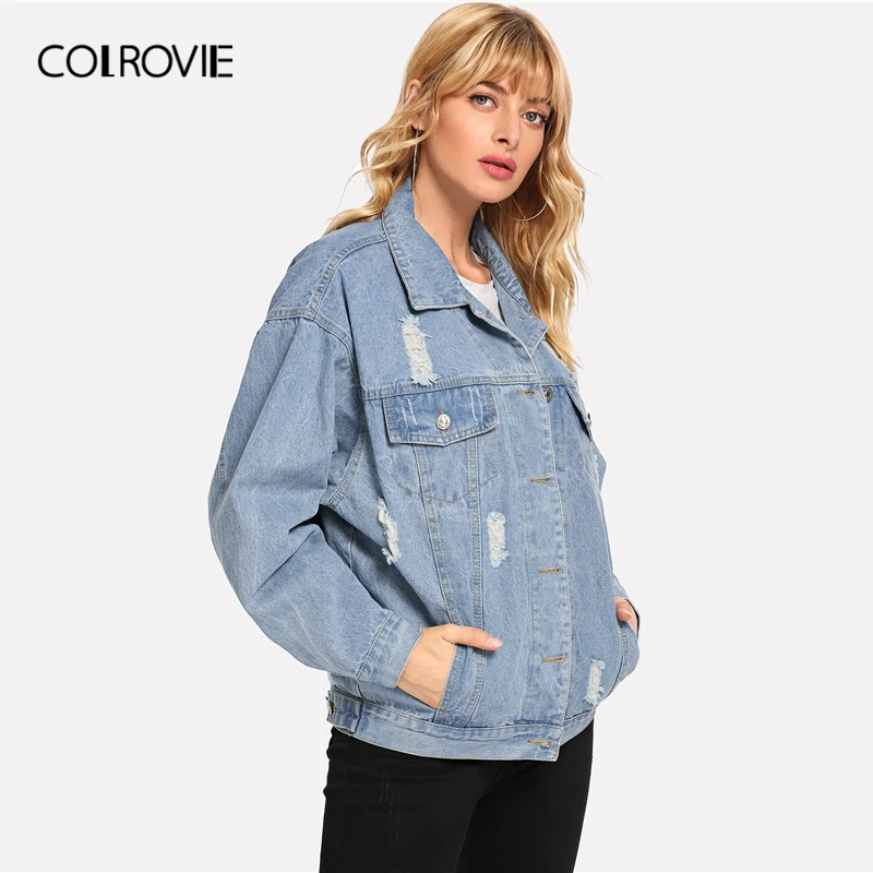 Женская джинсовая куртка COLROVIE синяя рваная однобортная с открытыми плечами