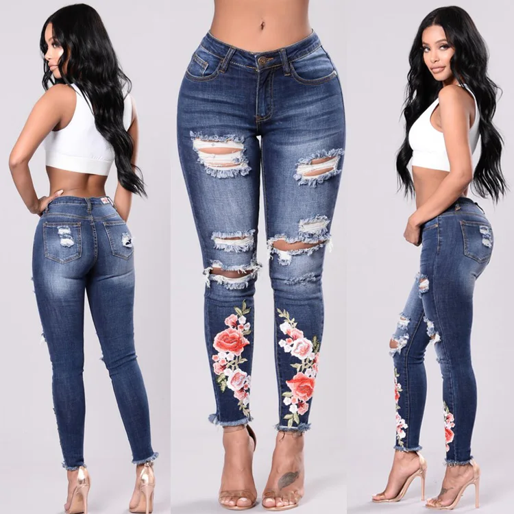 Повседневные женские джинсовые джинсы женские рваные облегающие джинсы брюки женские с цветочным принтом синие обтягивающие джинсы новые D20