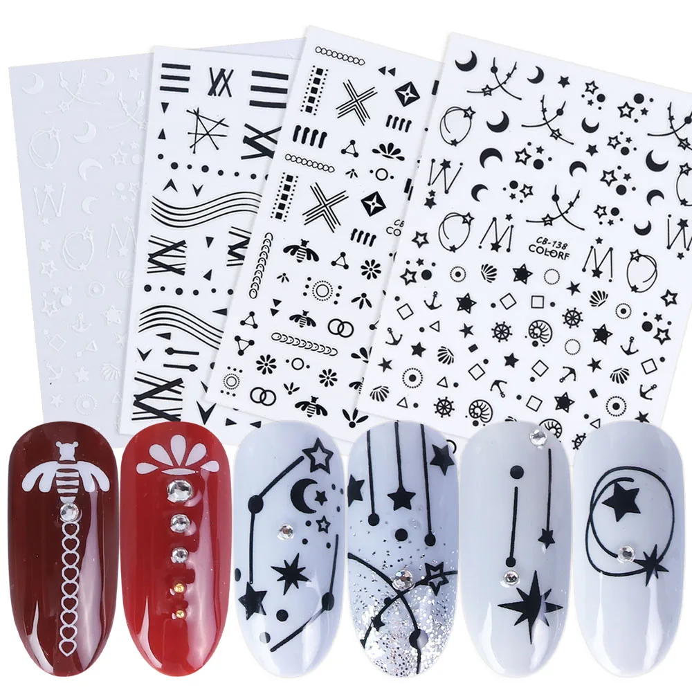 

Black White 3D Stickers Nail Art Decorations Decals Sliders For Nails geometrical Adhesive Tattoos Manicure Designs TRCB133-141