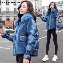 Модная куртка с воротником из лисьего меха и перьями, Женское зимнее пальто, новое лоскутное пальто из овечьей шерсти 90%, белое пуховое пальто, женская куртка