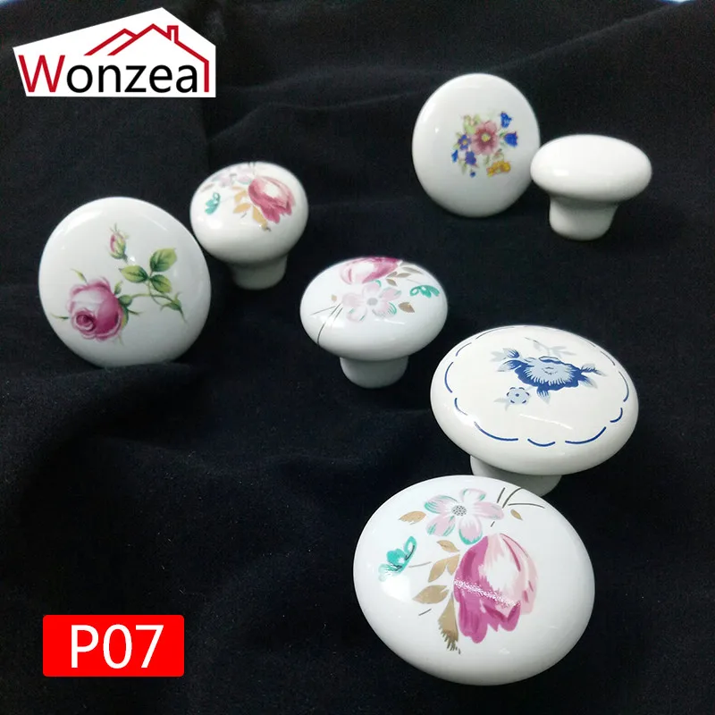 Children Room Ceramic Cabinet Pull White Rose Lotus Love Simple Knobs Single Hole Kitchen Furniture Drawer Handle With Flower
