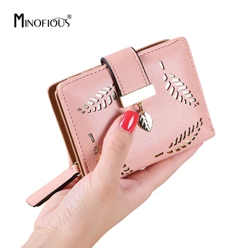 

MINOFIOUS Women Wallet PU Leather Solid Purse Female Short Wallets Gold Hollow Leaf Pouch Purses Fashion Clutch Coin Wallet