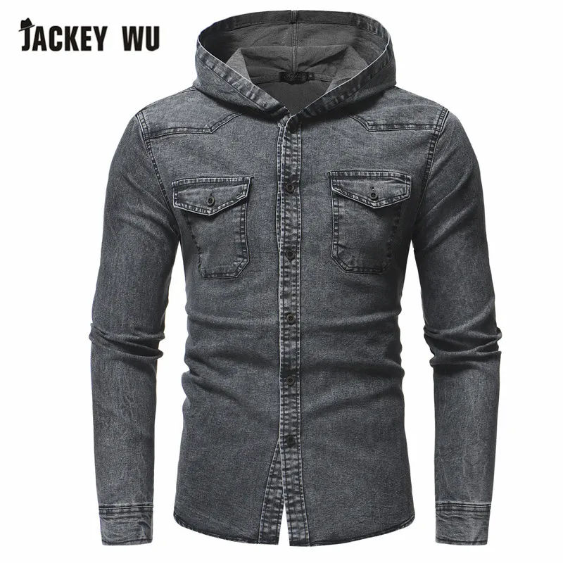 

JACKEYWU Denim Shirt Men 2019 Fashion Korean Vintage Washed Hooded Shirts Long Sleeve Casual Slim Men's Clothing Chest Pocket