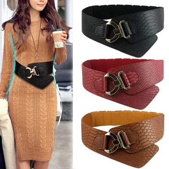 

Fashion Woman Waist Belt PU Leather Snakeskin Pattern Oblique Elastic Personality Ladies Girls Super Wide Belts H9