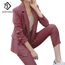 Double Breasted Striped Blazer Jacket & Zipper Pant Work Pants Suits 2 Piece Sets Office Lady Suits Women Outfits Autumn S7D323L