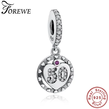 

FOREWE New Number 50 Years Of Love Heart Pendant Charm Fit Pandora Bracelet DIY Jewelry 925 Sterling Silver Crystal Bead Charm