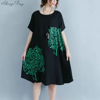 

Women summer Knee-Length dress 2018 art deco dress round neck casual loose long dresses Knee-Length summerdress CC680