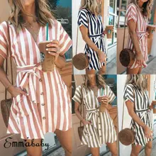 UK Women Short Sleeve Wrap Boho Stripe Mini Dress Ladies Summer Sundress Holiday