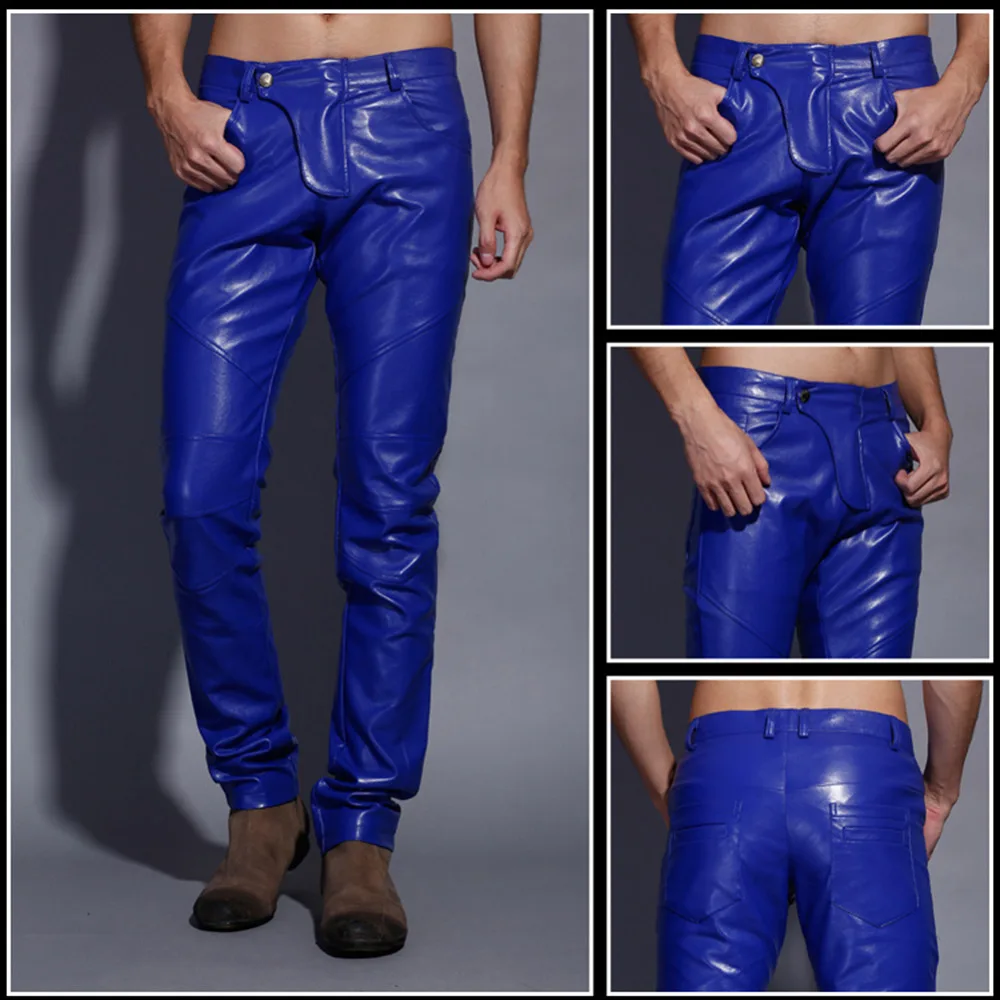 blue faux leather pants