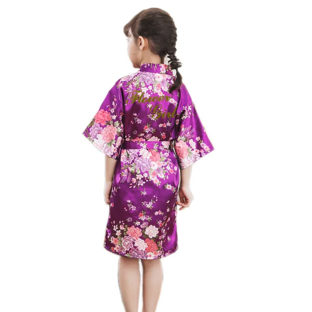 Твердые Цвет Письмо "для девочек в цветочек" Детские Свадебный халат платье Детское кимоно, ночная рубашка для девочек; сезон лето одежда для сна, ночнушка - Цвет: purple