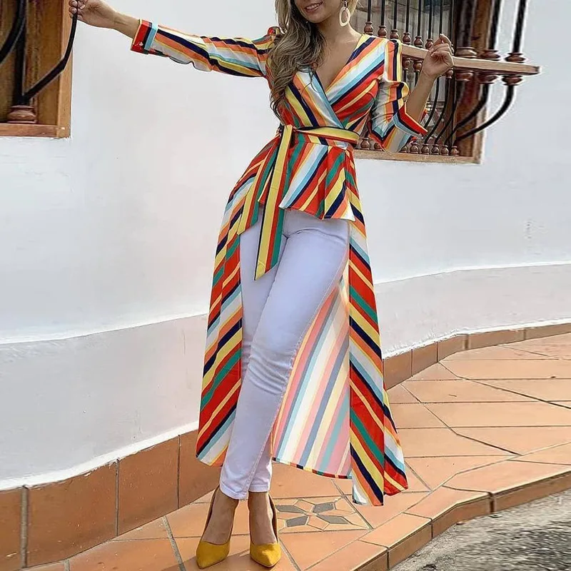 

DEAT 2019 Summer Long Sleeve V Neck Rainbow Striped Collor Maxi Shirt Dress Drawstring Women MF768