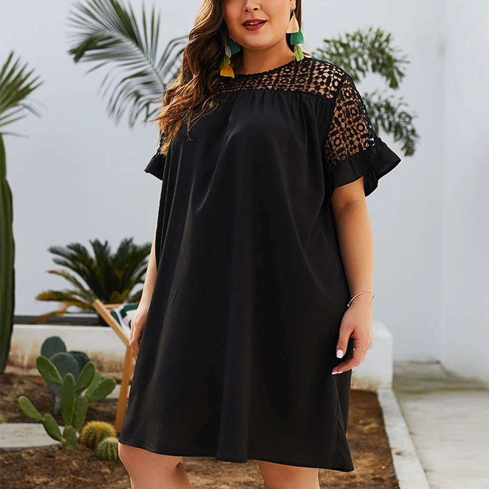 

Woman Plus Size Midi Straight Dress Fashion Lace Spliced Hollow Out Dress 2019 Summer Big Size 4XL Casual Loose Clothes Vestidos