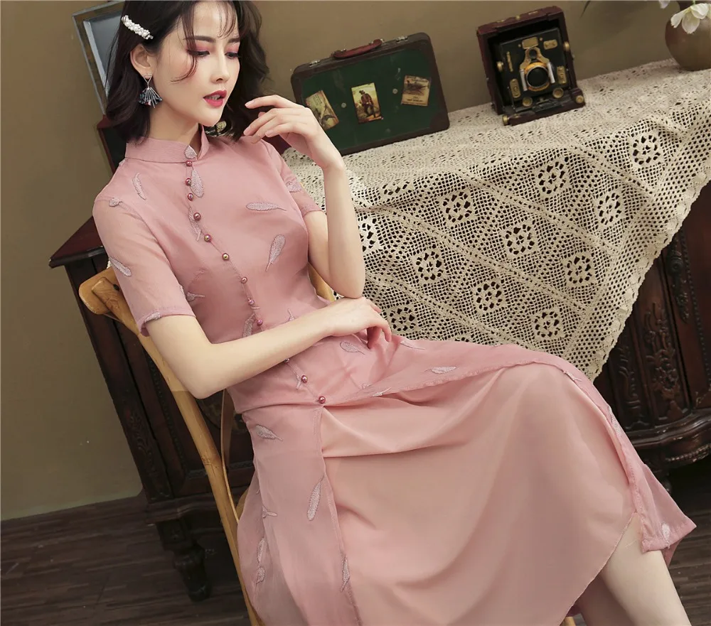 Шанхай история 2019 высокое качество короткий рукав длинный cheongsam Qipao кружева Восточный стиль китайское платье вечерние платья 4 цвета