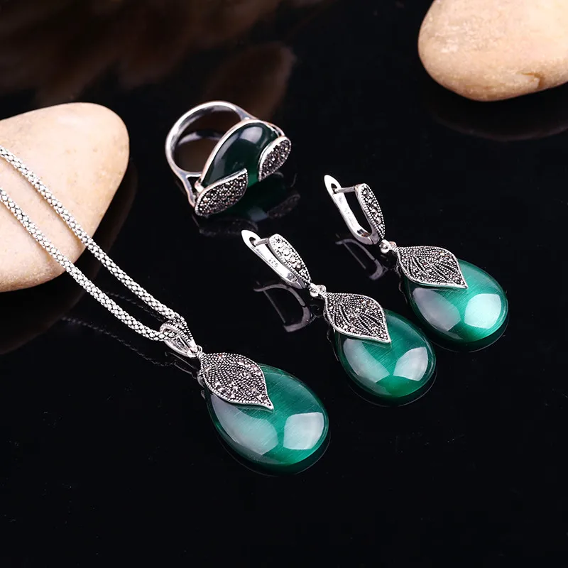 

Seelsets Natural Stone Jewellery Vintage Silver Color Green Opal Jewelry Set Women Water Drop Shape Pendant Necklace Sets
