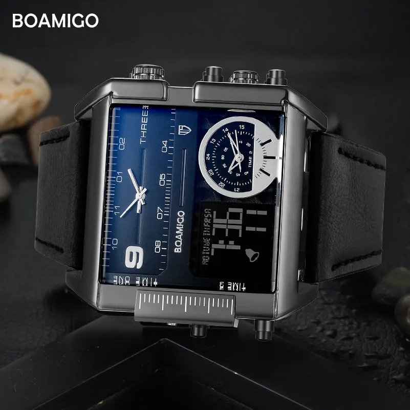 BOAMIGO العلامة التجارية الرجال الرياضة الساعات 3 المنطقة الزمنية رجل كبير الأزياء العسكرية LED ووتش جلدية كوارتز المعصم relogio masculino BOAMIGO العلامة التجارية الرجال الرياضة الساعات 3 المنطقة الزمنية رجل كبير الأزياء العسكرية LED ووتش جلدية كوارتز المعصم relogio masculino