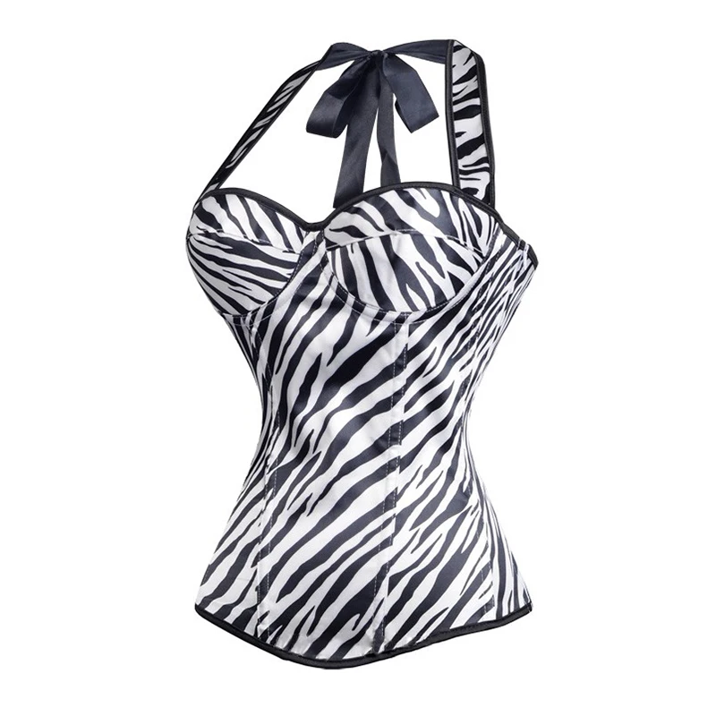 Black White Zebra-Stripe Halter Neck Zip One Side Overbust Corset Fashion Printed Lace Up Slimming Hot Shapers Roupas Femininas W497376 9.65 S-2XL (3)