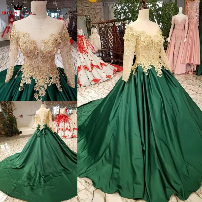 

Ball Gown Long Sleeve Satin Beading Appliques Luxury Green Evening Dresses 100% Real Evening Gown 2021 Vestido De Festa KC59