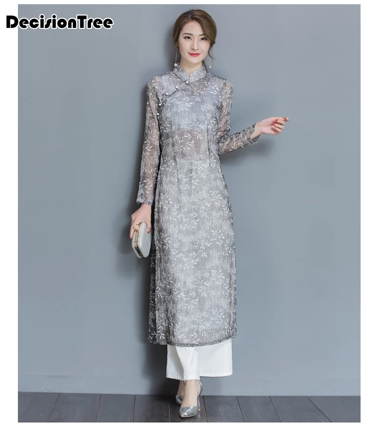 

2019 summer Vietnamese Aodai qipao dress gown full sleeve retro Chinese modified large Shina daily dress with pants