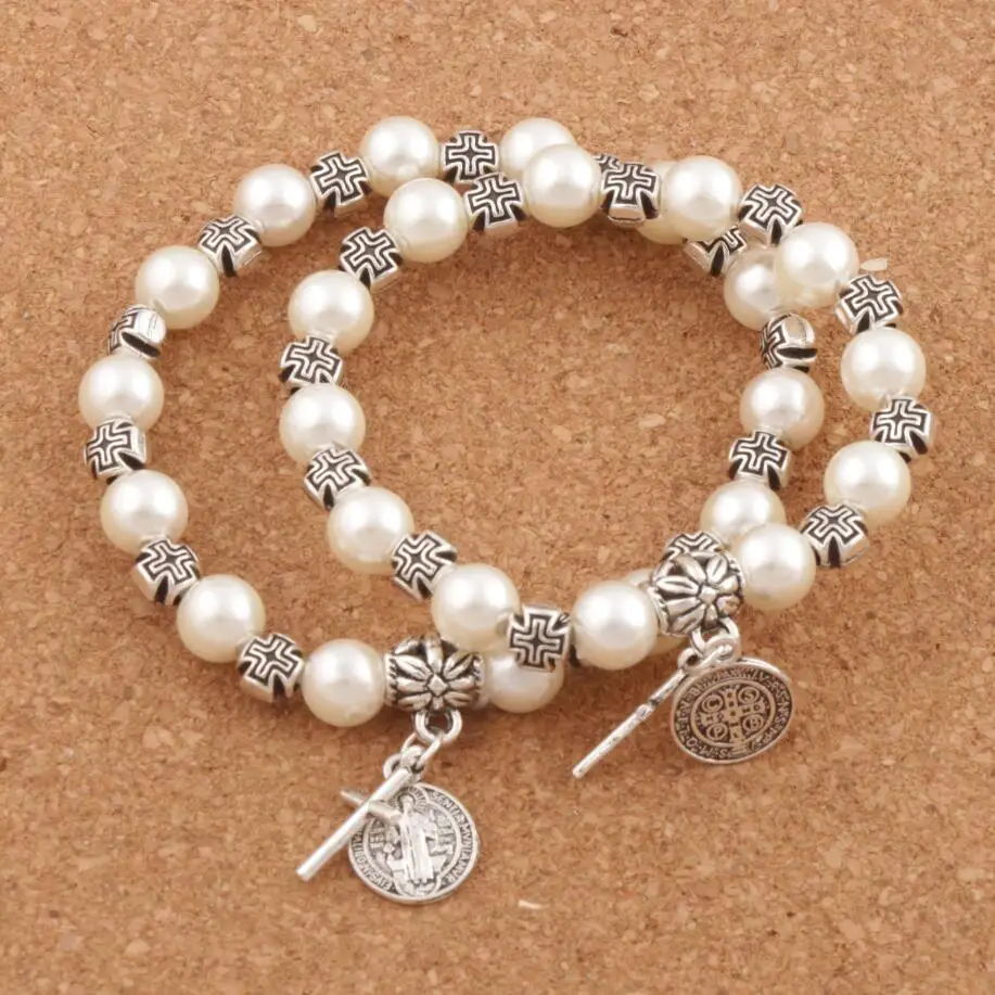 

10PCS Pearl Beaded Saint Benedict Evil Protection Medal Cross Charm Spring Bracelets BB70